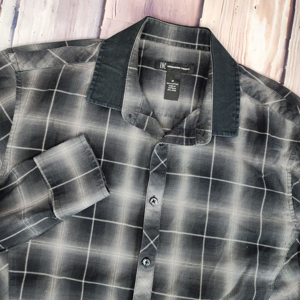 INC International Concepts Shirt Mens M Plaid Western Long Sleeve Contrast Black
